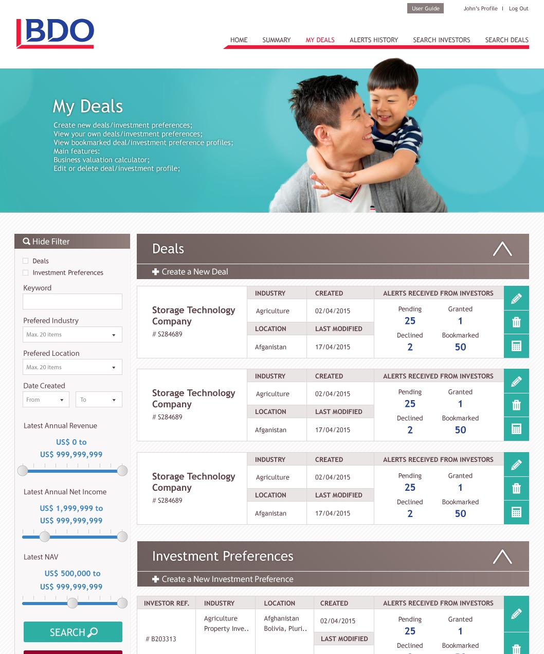 BDO M&A platform — My Deals page