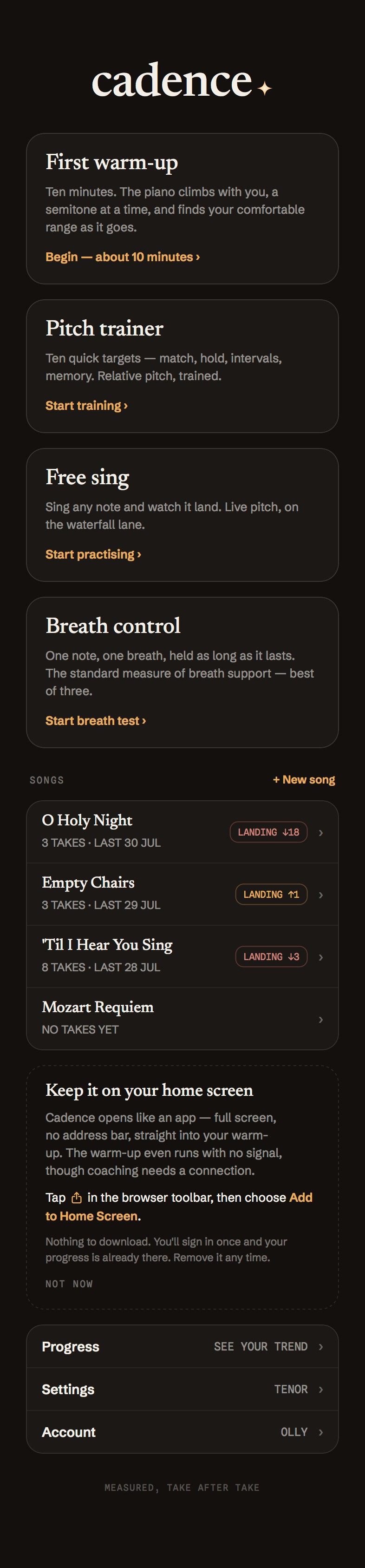 Cadence — home, with warm-up, pitch trainer, free sing and breath control