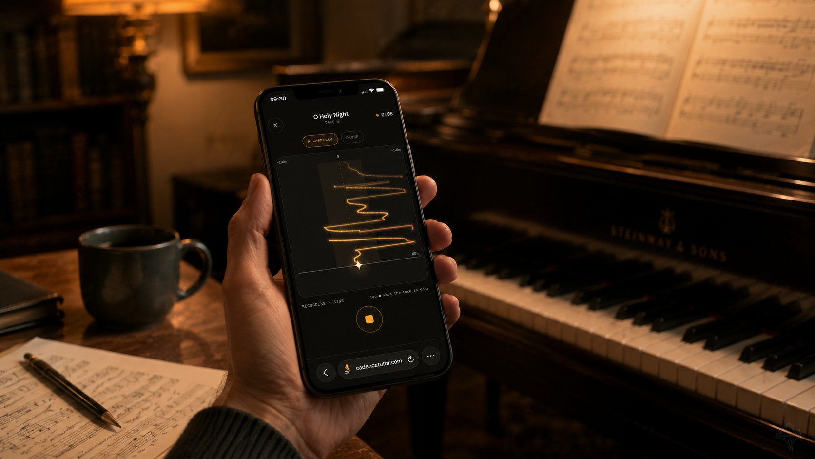 Cadence recording a take, held in one hand at the piano