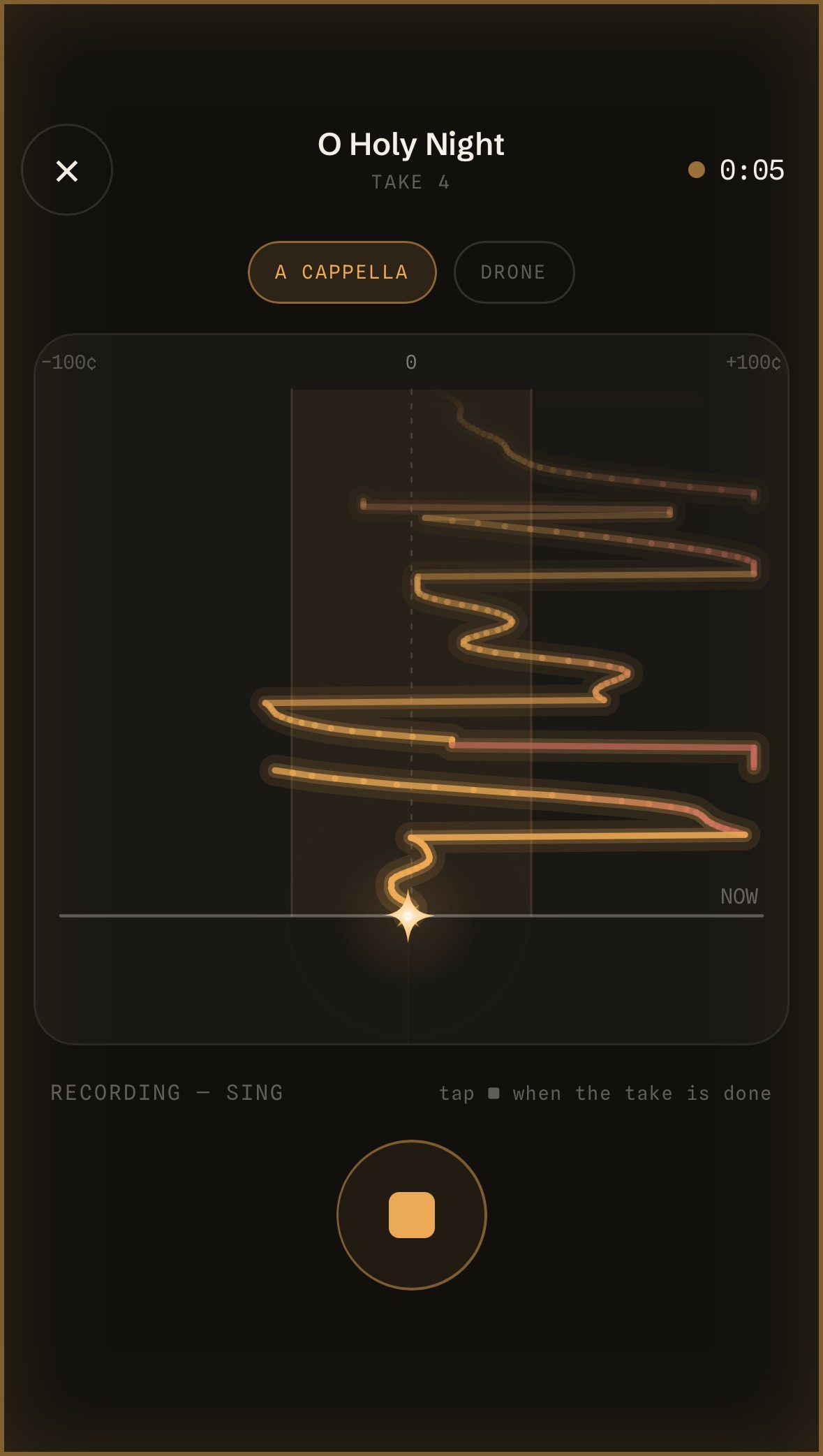 Cadence — recording a take, each note landing on the live waterfall trace