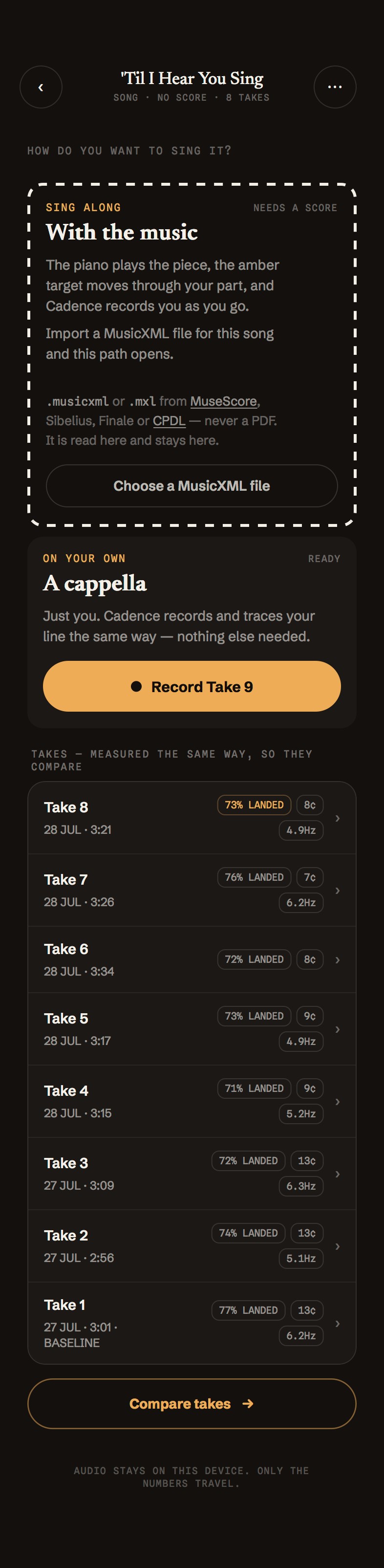Cadence — a song, with takes measured the same way so they compare