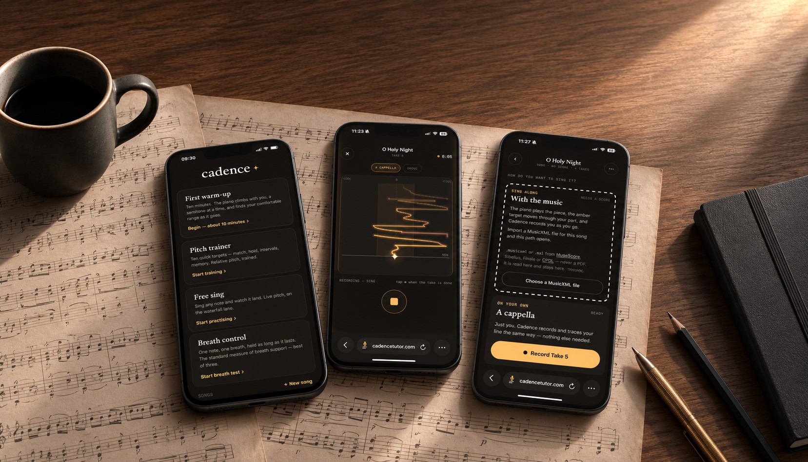 Cadence vocal training app on three phones