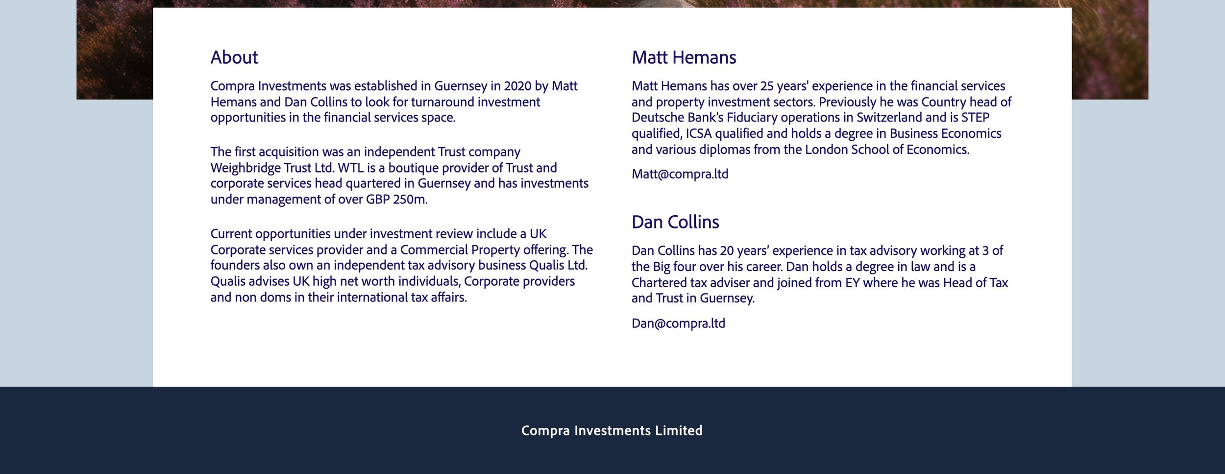 Compra Investments — key pages