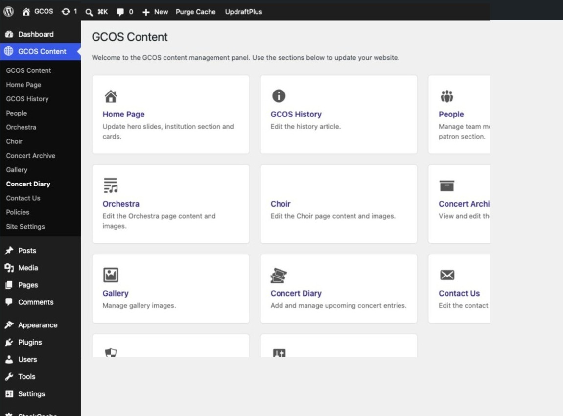 The GCOS Content panel: the main sections overview