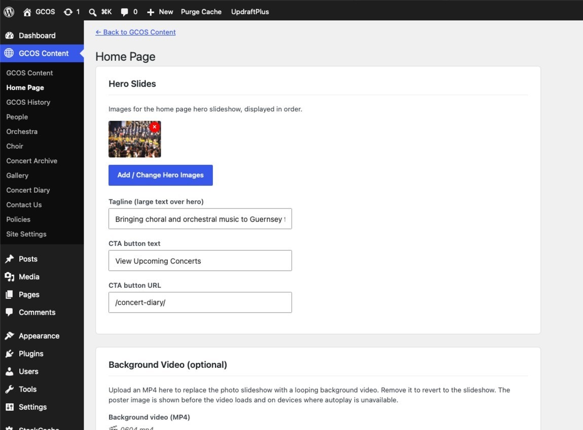 Editing the home page hero slides and tagline