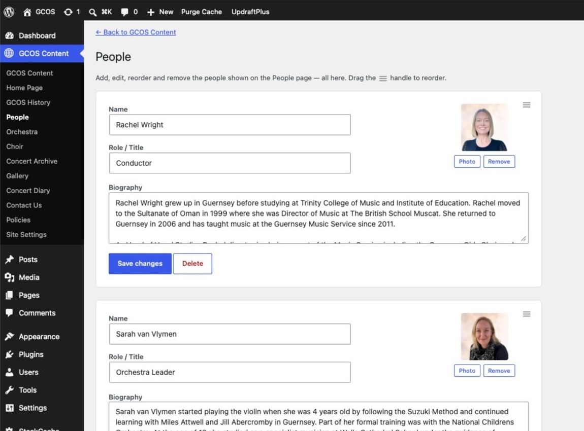 Editing the People page: names, roles and biographies