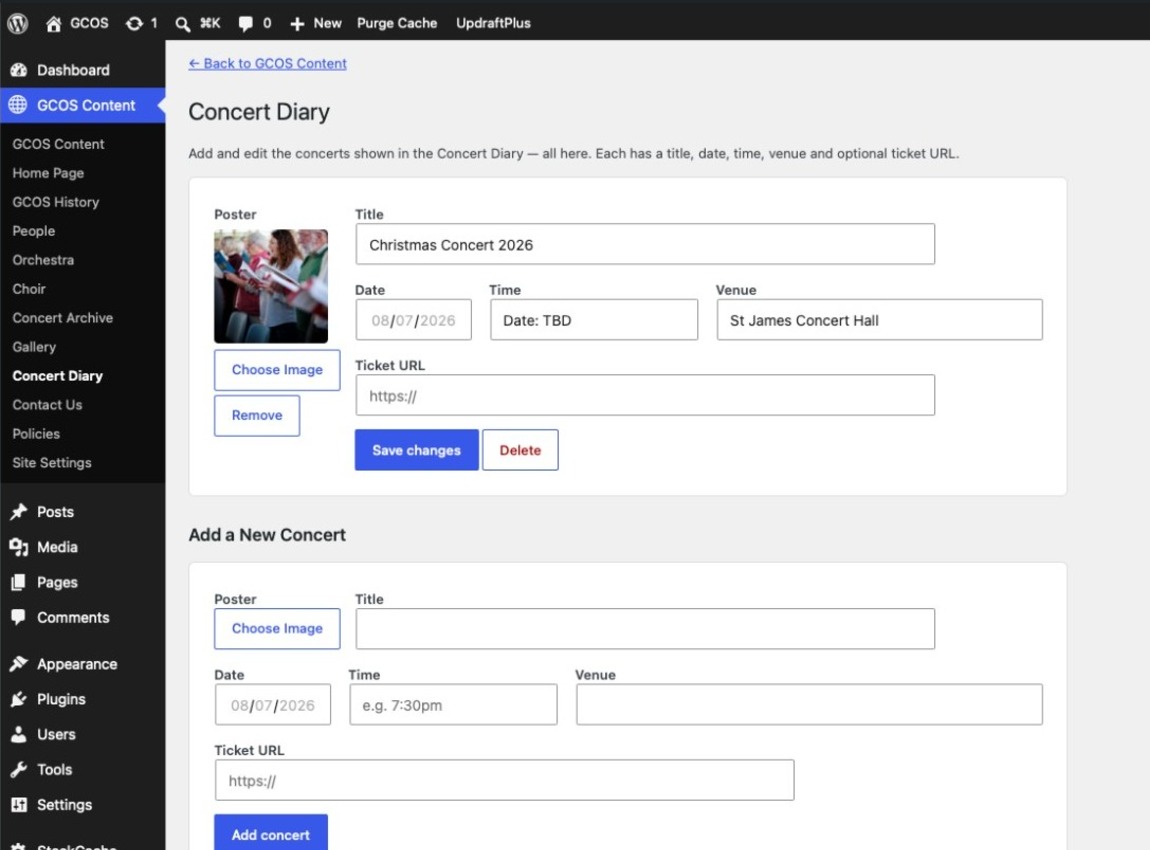 Adding and editing entries in the Concert Diary